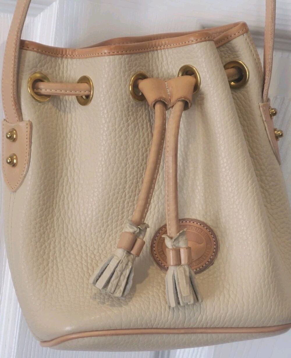 Dooney & Bourke Adjustable Mini Crossbody Bucket Bag Cream Pebbled Leather USA